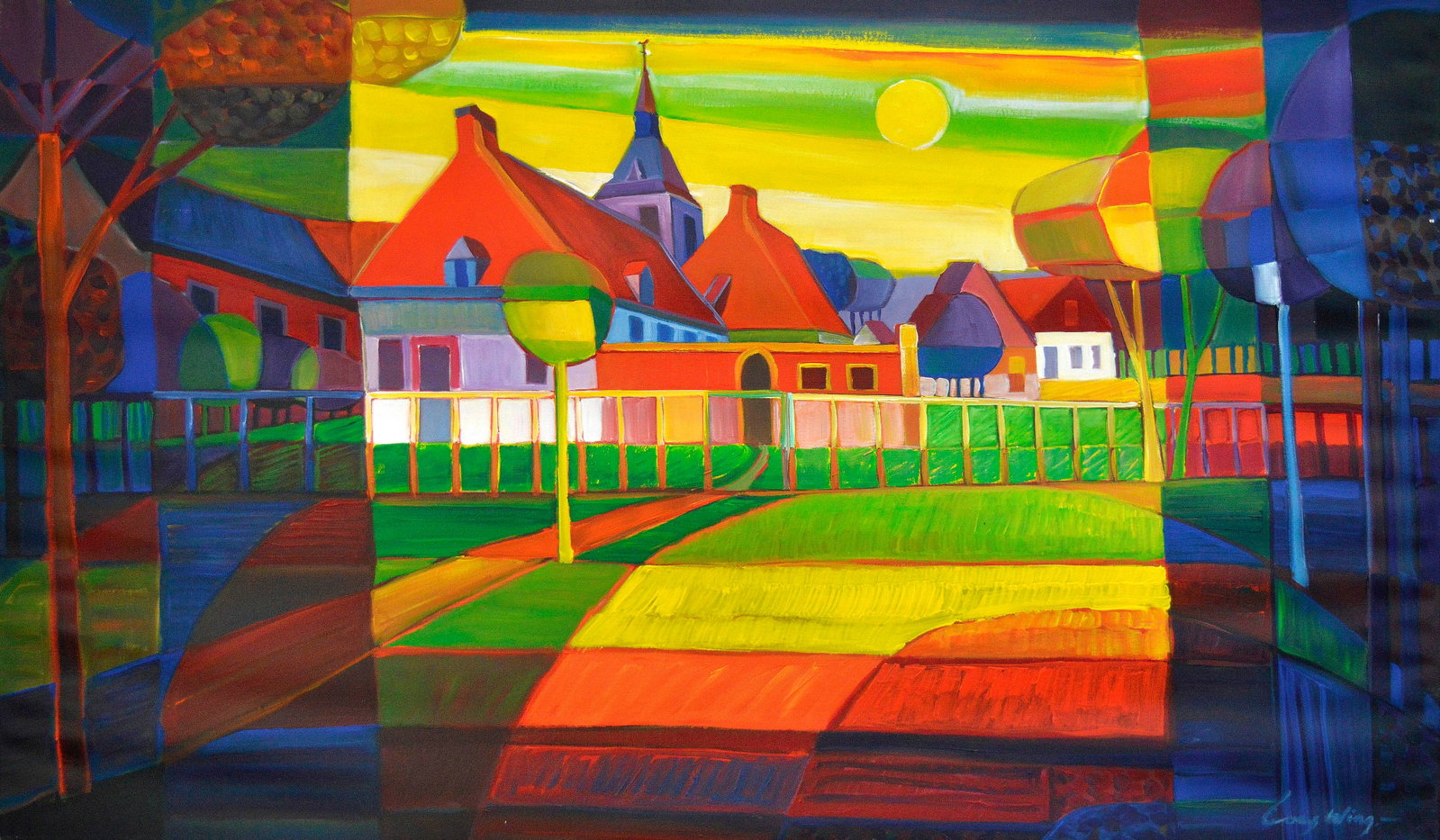 Wing, Lony - Acryl Painting - Handsigned: Artist: Wing, Lony Title: Binnentuinen Plechelmus Oldenzaal Technique: Acrylic painting on Canvas size: 70 x 120 cm. (27,55 x 47,25 inch) More Information Hand signature by the Artist. Comes with