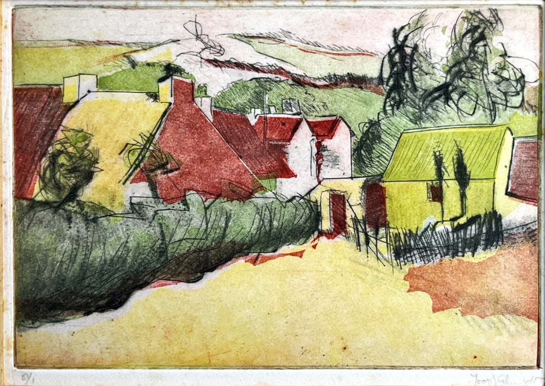 Joost Schmidt - Color Etching - hand signed: Artist: Schmidt, Joost Title: Untitled Technique: Etching on Handmade paper size: 33 x 25 cm. (13 x 9,85 inch) Framed: 40 x 30 cm. (15,75 x 11,8 inch) More Information Great color etching, untitled,