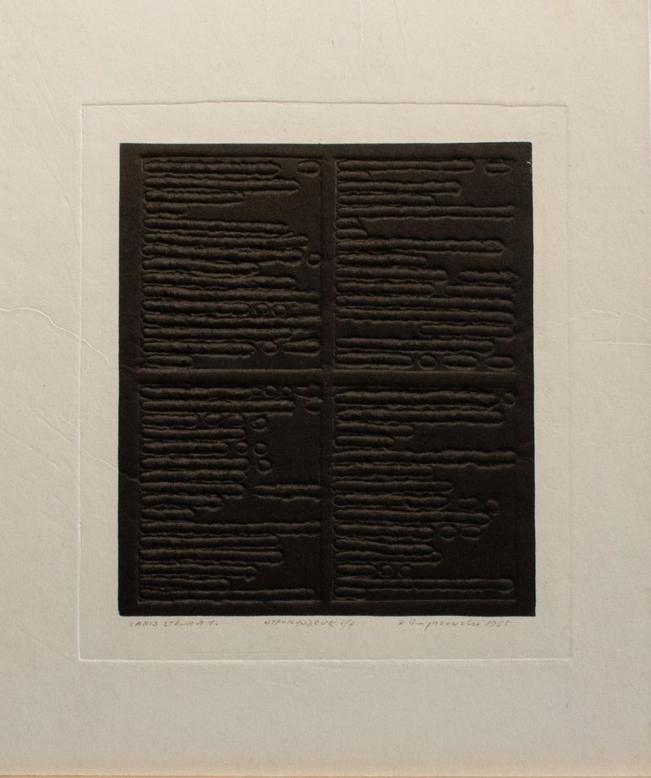 Gieryszewski, Ryszard - Silkscreen/Embossing.: Artist: Gieryszewski, Ryszard Title: Zapis Strona Technique: Silkscreen on Bütten, Handmade paper size: 28,5 x 23,5 cm. (11,2 x 9,25 inch) Framed: Not framed More Information Hand-Signed by the