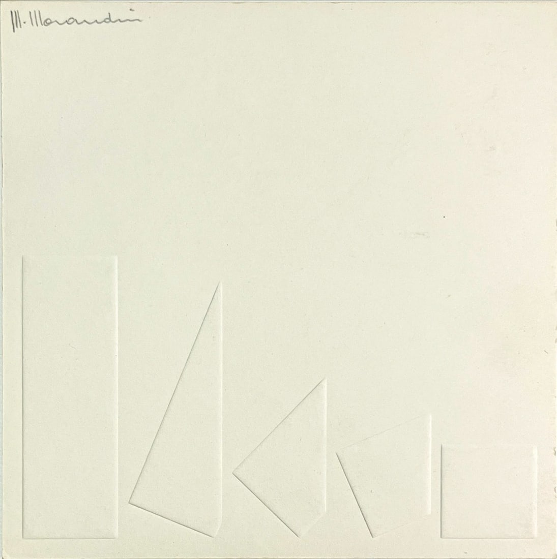 Morandini, Marcello - Embossed printing - Hand signed: Artist: Morandini, Marcello Title: Geometrische Komposition Technique: Embossing on Handmade paper size: 16 x 16 cm. (6,3 x 6,3 inch) Framed: Not framed More Information Marcello Morandini 1940 -