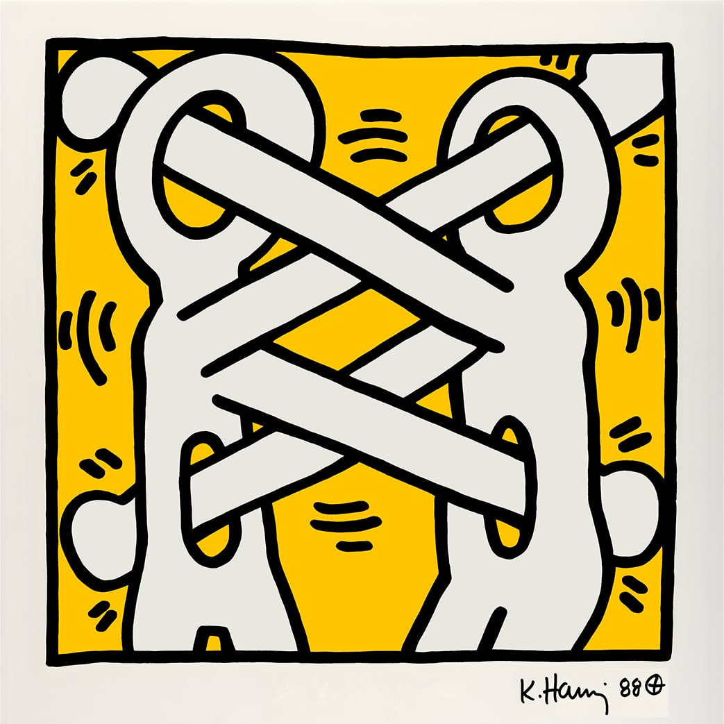 Keith Haring - Screenprint - Art Attack on AIDS: Artist: Haring, Keith Title: Art Attack on AIDS Technique: Screenprint on Lenox museum board size: 96,5 x 96,5 cm. (38 x 38 inch) Framed: Not framed More Information Ke