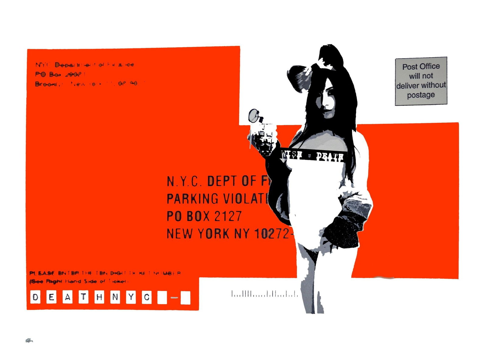 Death NYC - NYC Ticket - Silkscreen: Artist: Death NYC Title: NYC Ticket Technique: Silkscreen on Fine art 300 gsm paper size: 45 x 32 cm. (17,7 x 12,6 inch) Framed: Not framed More Information Hand signat