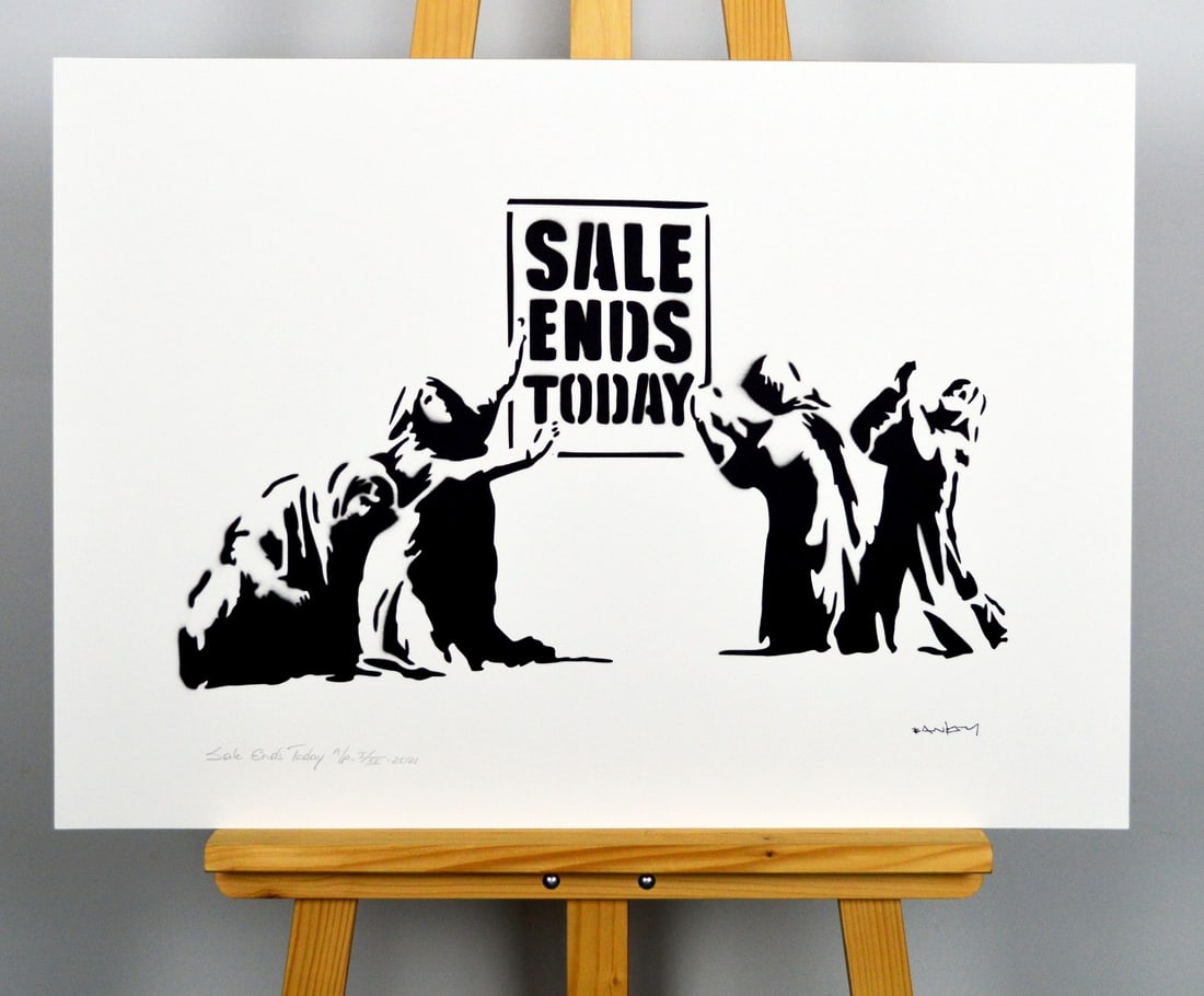 Banksy, after - Stencil / Spray: Artist: Banksy, after Title: Sale Ends Today Technique: Stencil/Spray on Arches paper 360 g size: 50 x 70 cm. (19,7 x 27,55 inch) Framed: Not framed More Information Title: Sale Ends Today. Banksy,