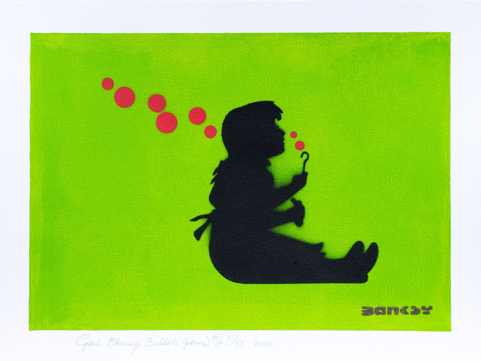 Banksy, after - Stencil / Spray.: Artist: Banksy, after Title: Girl Blowing Bubbels (green) Technique: Stencil/Spray on Arches paper 360 g size: 40 x 30 cm. (15,75 x 11,8 inch) Framed: Not framed More Information Title: Girl Blowing