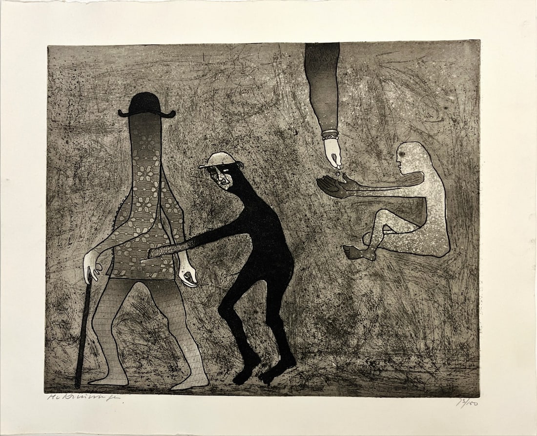 Kruiningen, Harry van - Lithograph - Handsigned: Artist: Kruiningen, Harry van Title: Untitled Technique: Etching on Handmade paper size: 39,5 x 48,5 cm. (15,55 x 19,1 inch) Framed: Not framed More Information Hand-Signed in pencil by the artist.