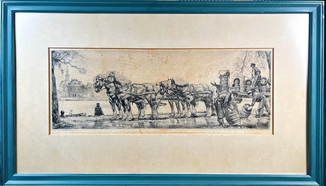 Hofker, Willem Gerard - Etching - Handsigned: Artist: Hofker, Willem Gerard Title: Bierwagen langs de Amstel te Amsterdam Technique: Etching on Paper size: 35,5 x 62,5 cm. (14 x 24,6 inch) More Information Etching. Hand-signed. Comes with
