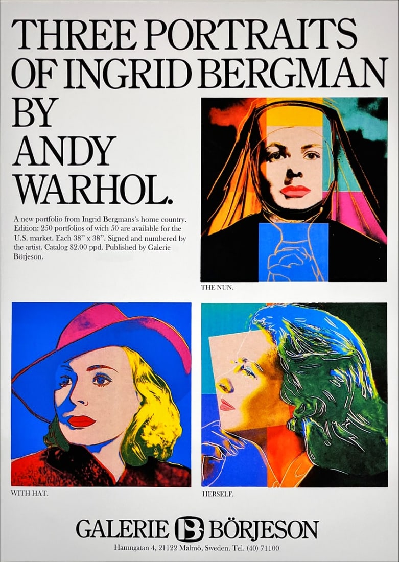 Andy Warhol - Exhibition poster: Artist: Warhol, Andy Title: Portraits of Ingrid Bergman Technique: Serigraphic on Paper size: 70 x 50 cm. (27,55 x 19,7 inch) Framed: Not framed More Information Andy W