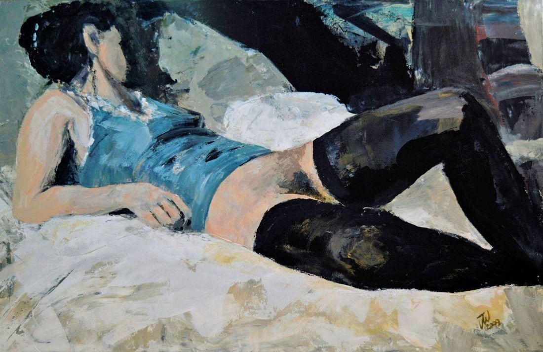Wilde, Joop de - Oil Painting: Artist: Wilde, Joop de Title: Vrouw met zwarte kousen. (Lady with black Stockings). Technique: Oil painting on Canvas - 3D size: 70 x 100 cm. (27,55 x 39,35 inch) Framed: Not framed More Information