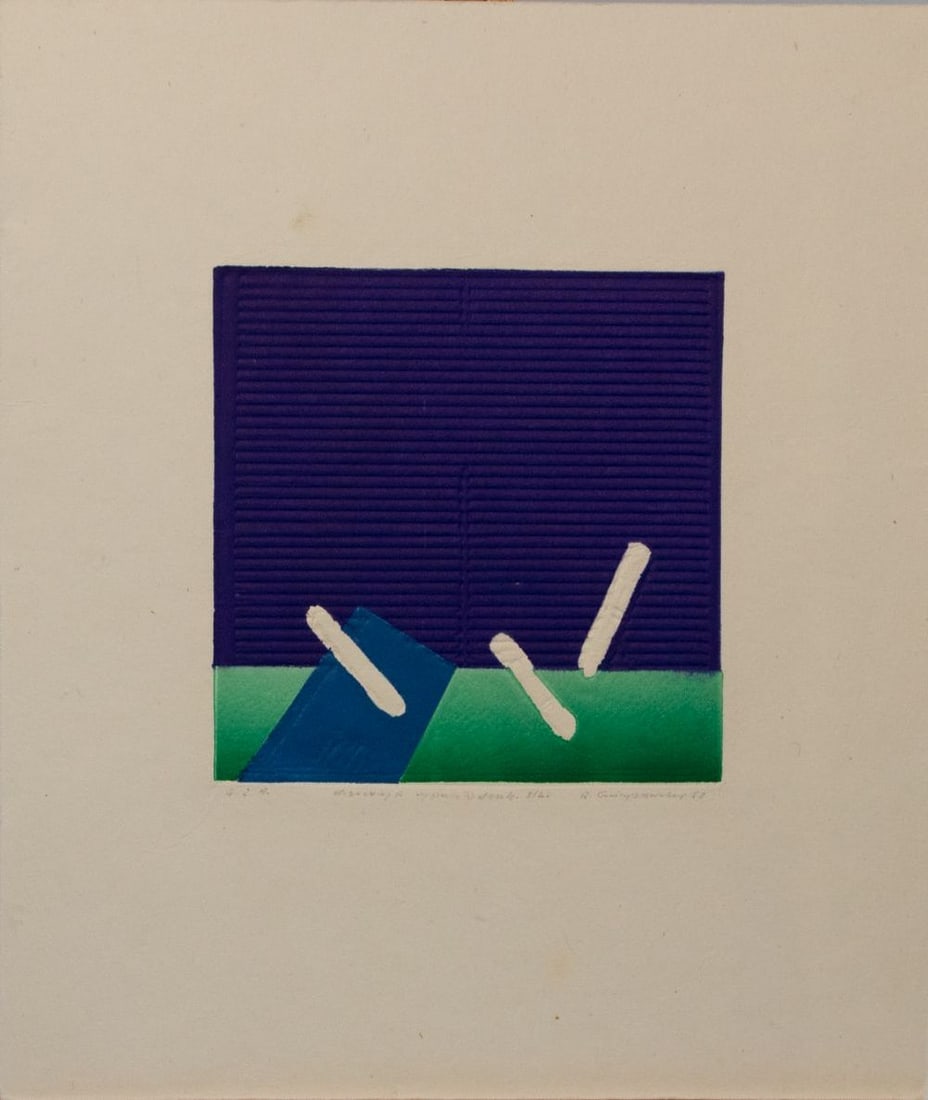 Gieryszewski, Ryszard - Silkscreen/Embossing.: Artist: Gieryszewski, Ryszard Title: GZA Technique: Silkscreen on Bütten, Handmade paper size: 28,5 x 24 cm. (11,2 x 9,45 inch) Framed: Not framed More Information Hand-Signed by the Artist. Ryszard