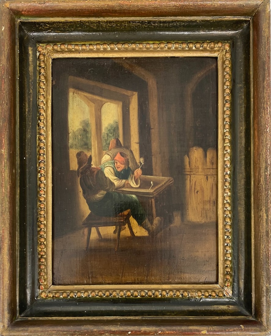 School of Adriaen Brouwer (1605/06-1638): Artist: Brouwer, Adriaen Title: Pipe smoker in company Technique: Oil painting on Panel size: 25,6 x 16 cm. (10,1 x 6,3 inch) Framed: 33 x 26,5 cm. (13 x 10,45 inch) More I