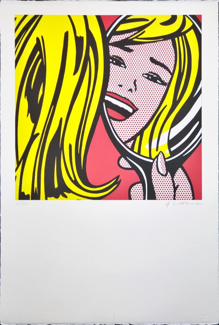 Lichtenstein, Roy - Hand-Signed - Lithograph: Artist: Lichtenstein, Roy Title: Mirror Technique: Lithograph on Heavy weight Handmade paper size: 57 x 38 cm. (22,45 x 14,95 inch) Framed: Not framed More Information Title: Girl in Mirror. Edition: