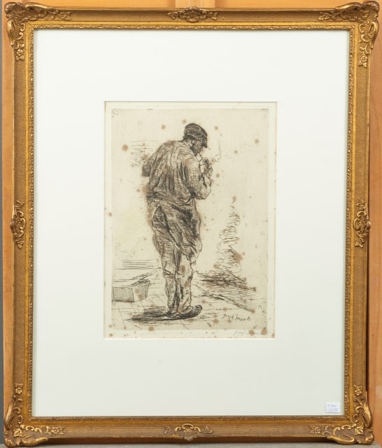 Jozef Israëls - Etching - Hand signed: Artist: Israëls, Jozef Title: Pijprokende man Technique: Etching on Handmade paper size: 29,5 x 21,5 cm. (11,6 x 8,45 inch) More Information Title: Pijprokende man ("Pipe smoking man"),