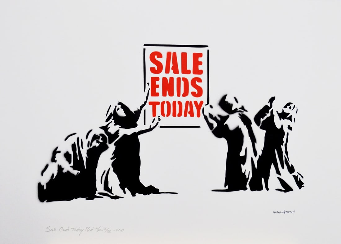 Banksy, after - Stencil / Spray.: Artist: Banksy, after Title: Sale Ends Today Red Technique: Stencil/Spray on Arches paper 360 g size: 50 x 70 cm. (19,7 x 27,55 inch) Framed: Not framed More Information
