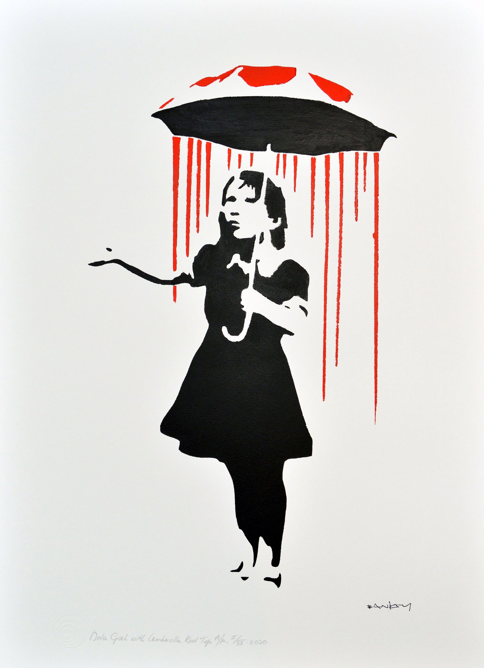 Banksy, after - Stencil / Spray.: Artist: Banksy, after Title: Nola Girl with Umbrella Red Top Technique: Stencil/Spray on Arches paper 360 g size: 70 x 50 cm. (27,55 x 19,7 inch) Framed: Not framed More Information Title: Nola Girl