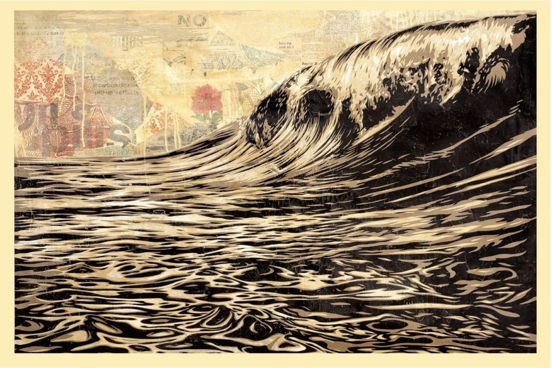 Fairey, Shepard - Dark Wave - Hand-signed.: Artist: Fairey, Shepard Title: Dark Wave Technique: Offset lithograph on Speckle tone paper size: 61 x 91,5 cm. (24 x 36 inch) Framed: Not framed More Information Title: Dark Wave. Handsigned in