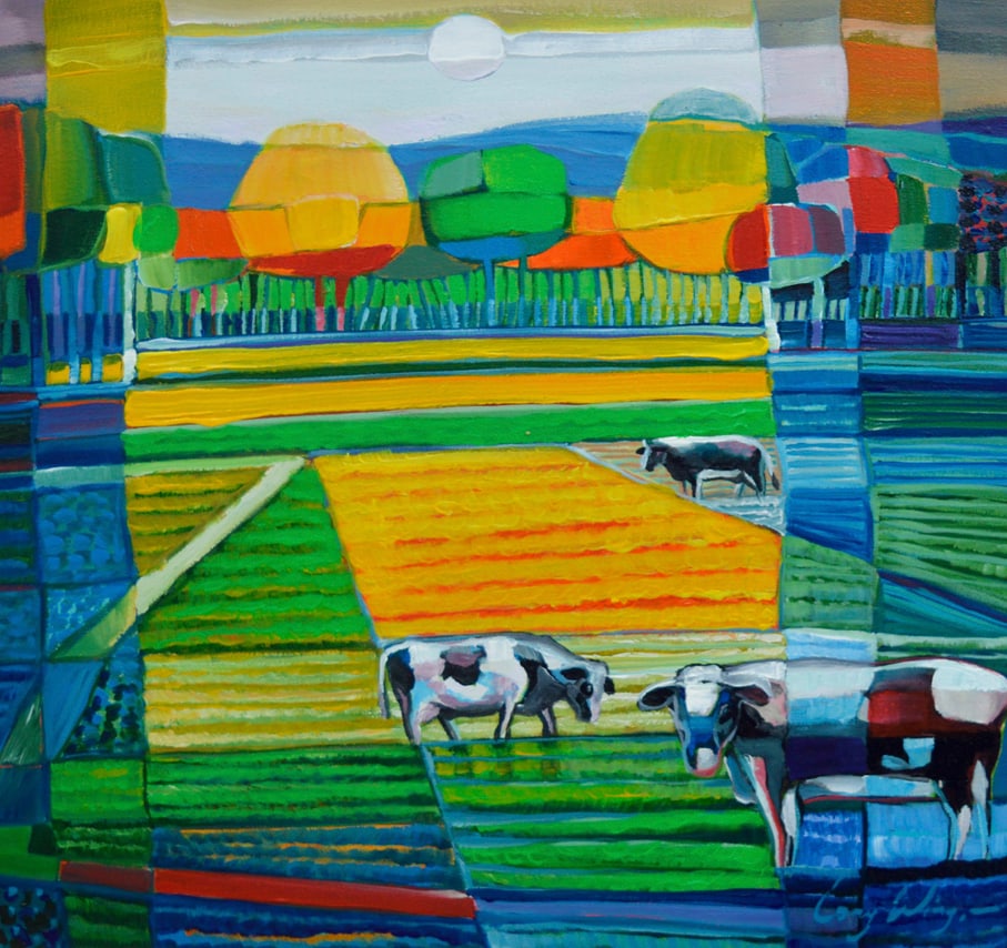 Wing, Lony - Acryl Painting - Handsigned: Artist: Wing, Lony Title: Koeien in kleurig landschap Technique: Acrylic painting on Canvas size: 50 x 50 cm. (19,7 x 19,7 inch) More Information Hand signature by the Artist. Comes with COA. Acrylic
