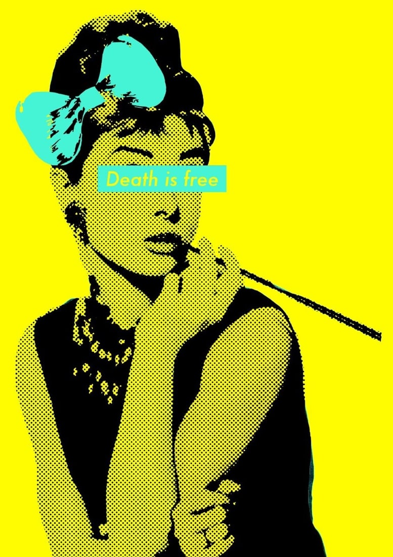 Death NYC - Audrey Hepburn - Death is free - Hand Signed: Artist: Death NYC Title: Audrey Hepburn - Death is free Technique: Graffiti Pop Art Print on Fine art 300 gsm paper size: 45 x 32 cm. (17,7 x 12,6 inch) Framed: Not framed More Information Hand
