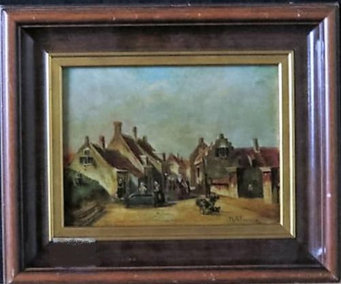 Eversen, NA - Oil Painting - Handsigned: Artist: Eversen, NA Title: Dorpsgezicht Technique: Oil painting on Panel size: 27 x 32 cm. (10,65 x 12,6 inch) More Information Handsigned. Comes with frame. Dutch school. About the artist Adrianus