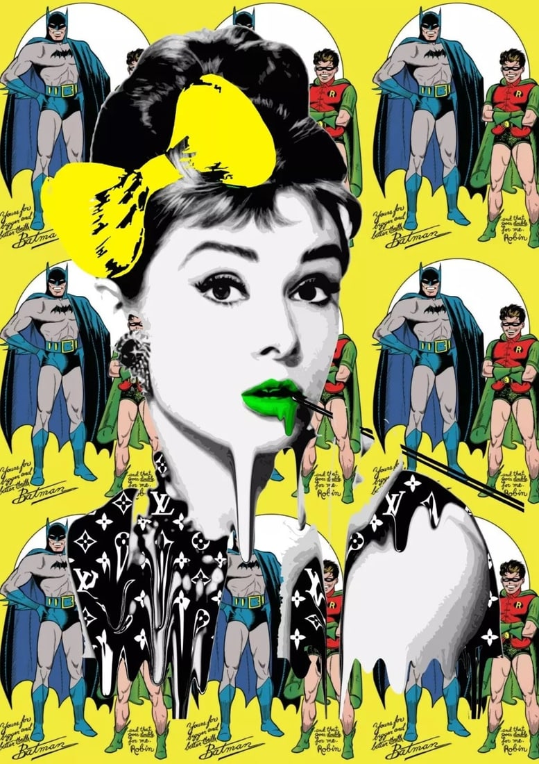 Death NYC - Audrey Hepburn and Batmana - Hand signed: Artist: Death NYC Title: Audrey Hepburn and Batman Technique: Graffiti Pop Art Print on Fine art 300 gsm paper size: 45 x 32 cm. (17,7 x 12,6 inch) Framed: Not framed More Information Hand signature