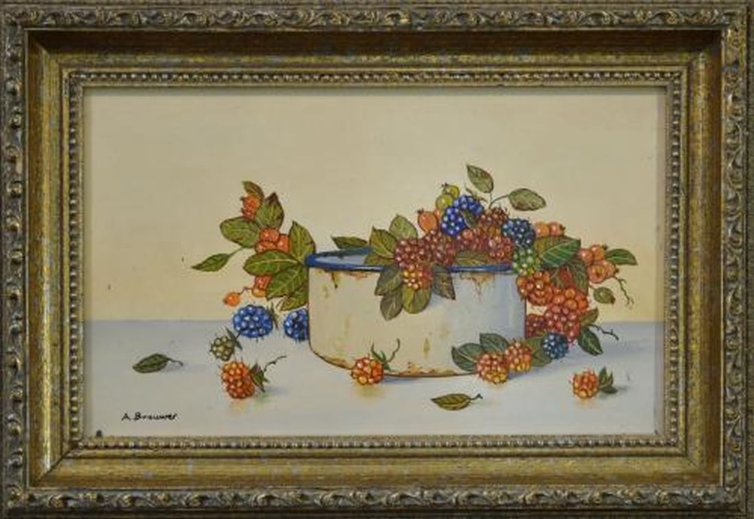 Brouwer, A. - Oil Painting: Artist: Brouwer, A. Title: Stilleven met bramen Technique: Oil painting on Panel size: 35 x 40 cm. (13,8 x 15,75 inch) More Information Dutch painter A. Brouwer, hand-signed.