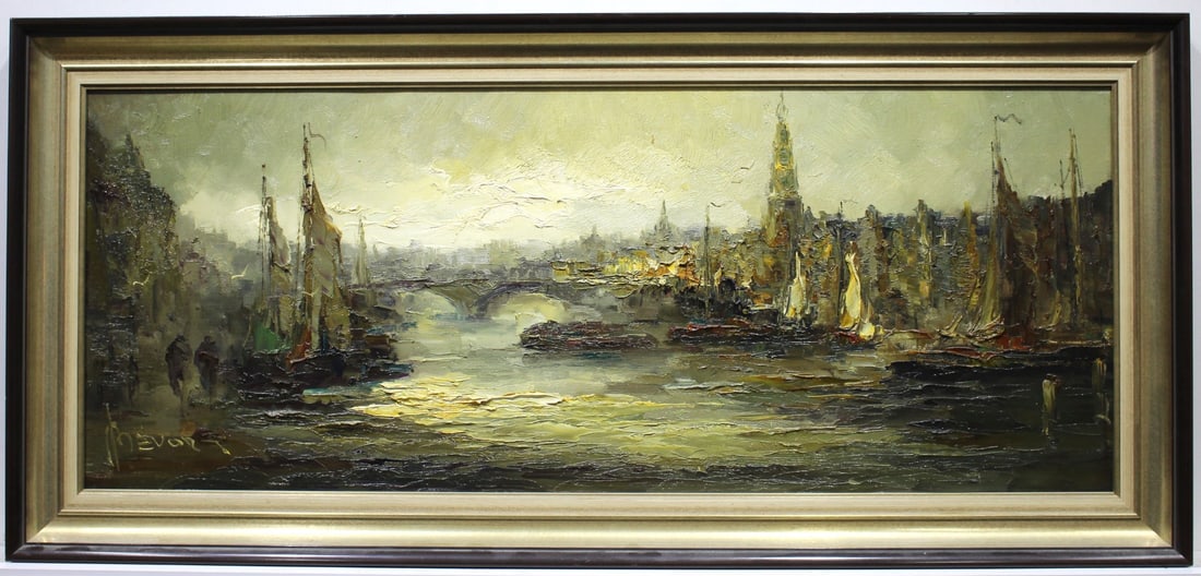 Jan Bévort - Oil Painting on canvas - Hand signed: Artist: Bévort, Jan Title: Havenstad Technique: Oil painting on Canvas size: 40 x 100 cm. (15,75 x 39,35 inch) Framed: 52 x 110 cm. (20,45 x 43,3 inch) More Information