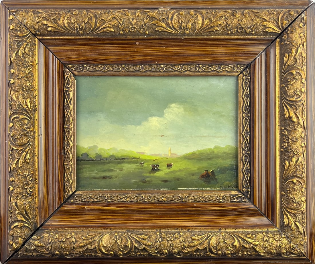 Landscape with cows - Dutch school - oil painting - Hand-signed: Artist: Unknown / Unreadable Artist Title: Landschap met koeien Technique: Oil painting on Panel size: 14 x 19 cm. (5,5 x 7,5 inch) Framed: 28 x 33 cm. (11 x 13 inch) More