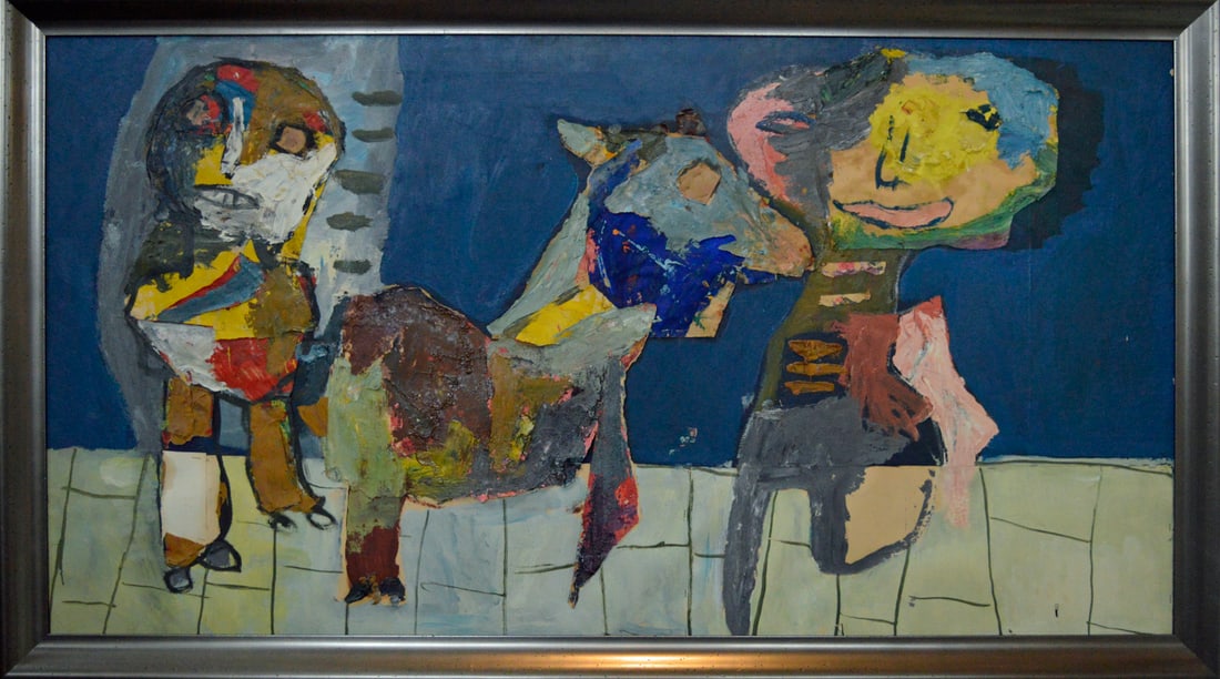 Hans Veneman - Collage - Hand-signed: Artist: Veneman, Hans (Johannes) Title: Kinderen en dieren Technique: Collage on Panel size: 84 x 150 cm. (33,05 x 59,05 inch) Framed: 90,5 x 161,5 cm. (35,65 x 63,6 inch)