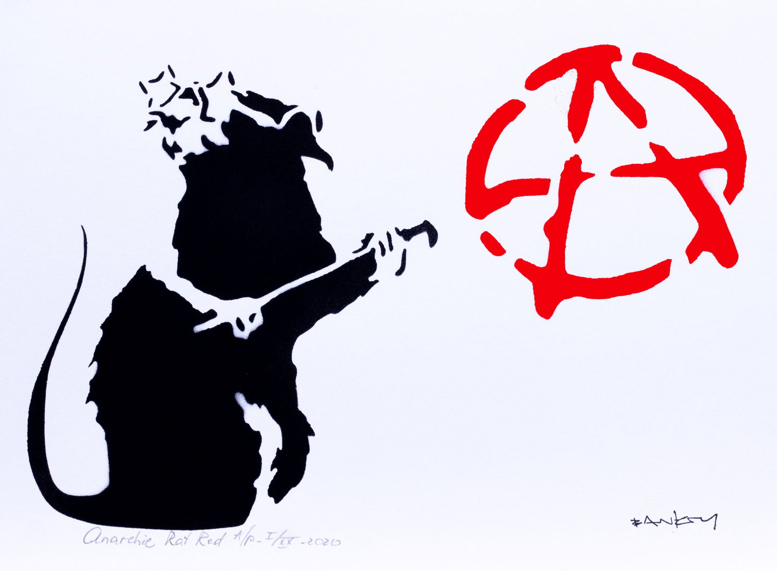 Banksy, after - Stencil / Spray.: Artist: Banksy, after Title: Anarchy Rat Red Technique: Stencil/Spray on Arches paper 360 g size: 40 x 30 cm. (15,75 x 11,8 inch) Framed: Not framed More Information Ti