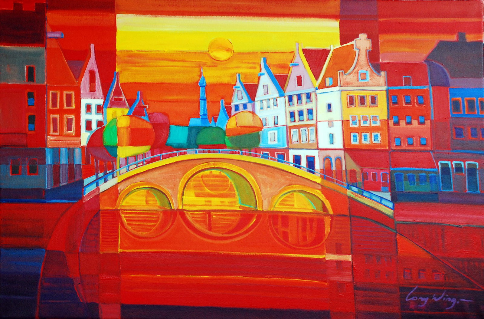 Wing, Lony - Acryl Painting - Handsigned: Artist: Wing, Lony Title: Grachtenbrug Technique: Acrylic painting on Canvas size: 60 x 90 cm. (23,6 x 35,45 inch) More Information Hand signature by the Artist. Comes with COA.<