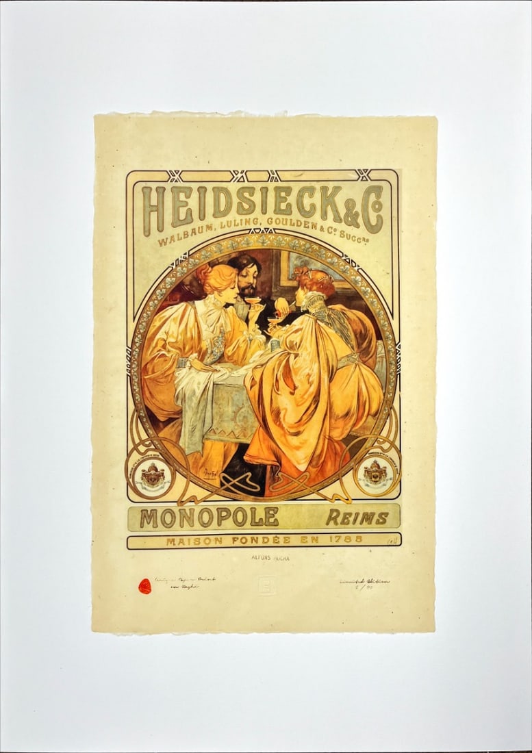 Mucha, Alphonse - Lithograph - Handnumbered: Artist: Mucha, Alphonse Title: Heidsieck & Co Monopole Technique: Lithograph on Japanese rice paper size: 30 x 21 cm. (11,8 x 8,25 inch) Framed: Not framed More Information
