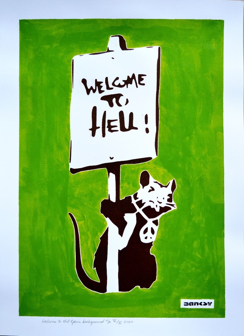 Banksy. after - Stencil / Spray: Artist: Banksy, after Title: Welcome to Hell (Green) Technique: Stencil/Spray on Arches paper 360 g size: 70 x 50 cm. (27,55 x 19,7 inch) Framed: Not framed More Information</