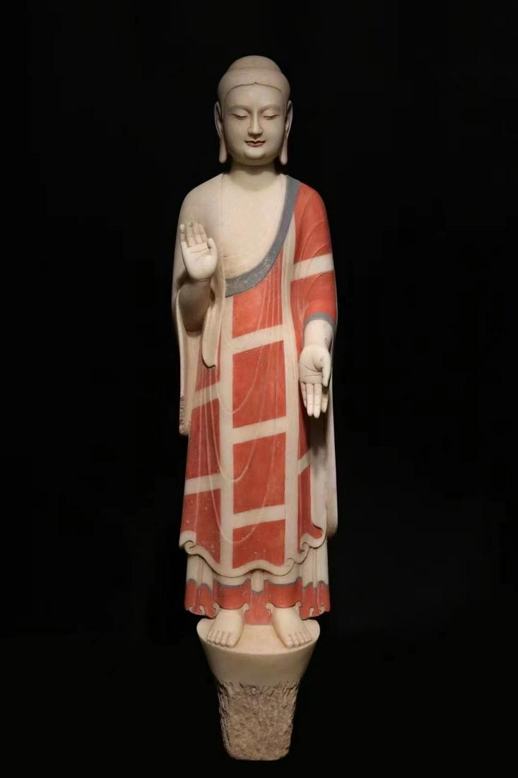 A CHINESE PAINTED MARBLE FIGURE OF SAKYAMUNI, NORTHERN QI DYNASTY (1 of 9)