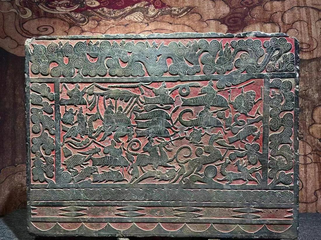 A CHINESE PAINTED BLUESTONE PLAQUE, HAN DYNASTY (1 of 9)