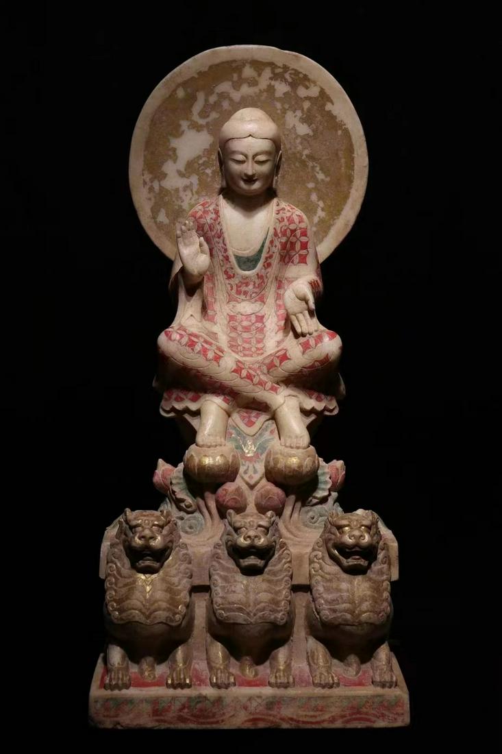 A CHINESE GILDED PAINTED MARBLE FIGURE OF BODHISATTVA, NORTHERN DYNASTIES (1 of 9)