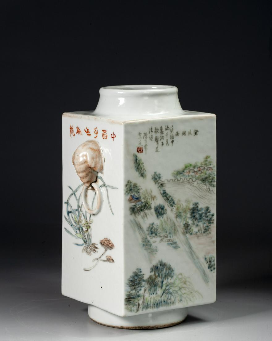 A CHINESE LIGHT-REDDISH-PURPLE LANDSCAPE SQUARE VASE: Width: 14cm. Height: 23.5cm.