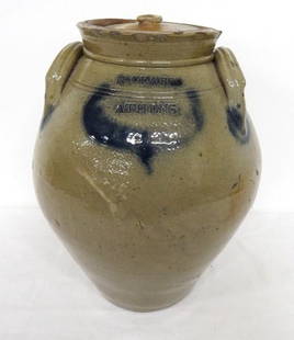 Nathan Clark, Athens N.Y. Stoneware Wreath Ovoid Jar: Signed N. Clark / Athens w/cobalt wreath decoration, blue marks at handles, 12" tall w/lid. Knife edged mouth rim has some chipping typical of utilitarian stoneware