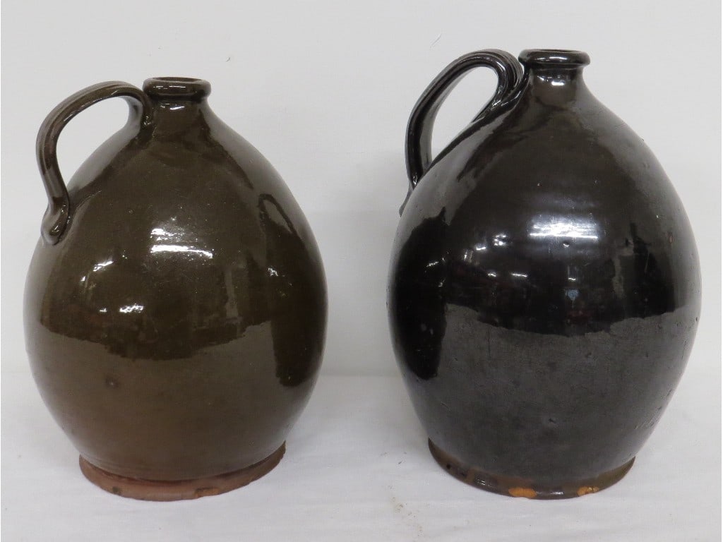 Pair 18th C. American Redware Ovoid Jugs (1 of 6)