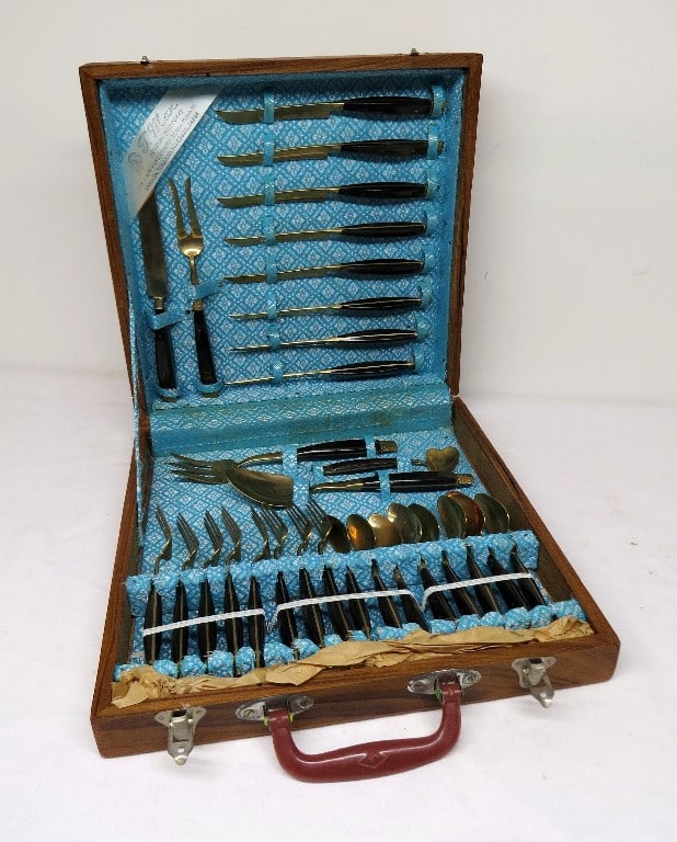 1960's Thailand Brass & Rosewood 29pc Cutlery Set: Original 1960's Thailand manufactured brass & rosewood 29pc cutlery set in original wooden case, a Vietnam Serviceman's take home gift for his wife. Clean.