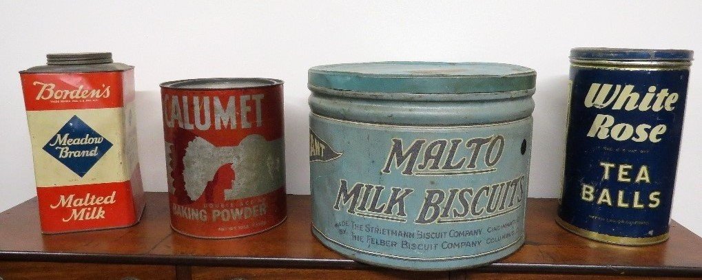 4 Advertising Tins Malted Milk, Tea, Baking Powder Etc. (1 of 5)
