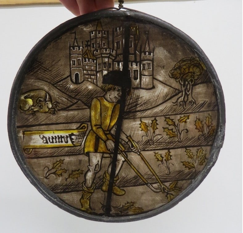 Stained Glass Medieval Peasant Serf Plowing Field, Castle and Rat (1 of 6)