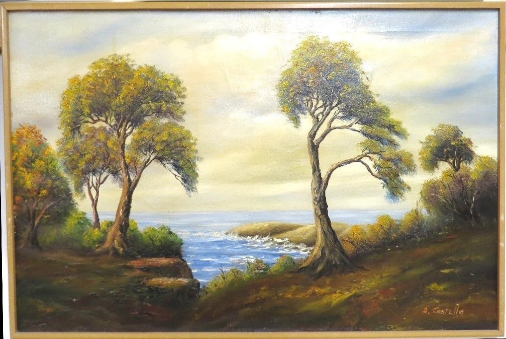 19th C. Shoreline - Possibly New England - A. Costello: Late 19th C. oil on canvas of an ocean shoreline, possibly Maine or coastal New England. Signed A. Costello. Painting has been professionally cleaned & set in a simple frame for effect, measuring 37" 