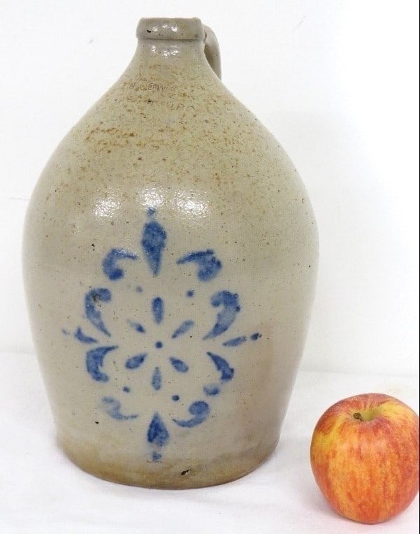 H. Cowden, Harrisburgh PA Blue Snowflake 1 Gallon Jug: Attractive H. Cowden Harrisburgh PA stamped 1 gallon jug with geometric style star decoration, overall ostrich egg speckled glaze gives an attractive appearance. No damage, 11.5" high