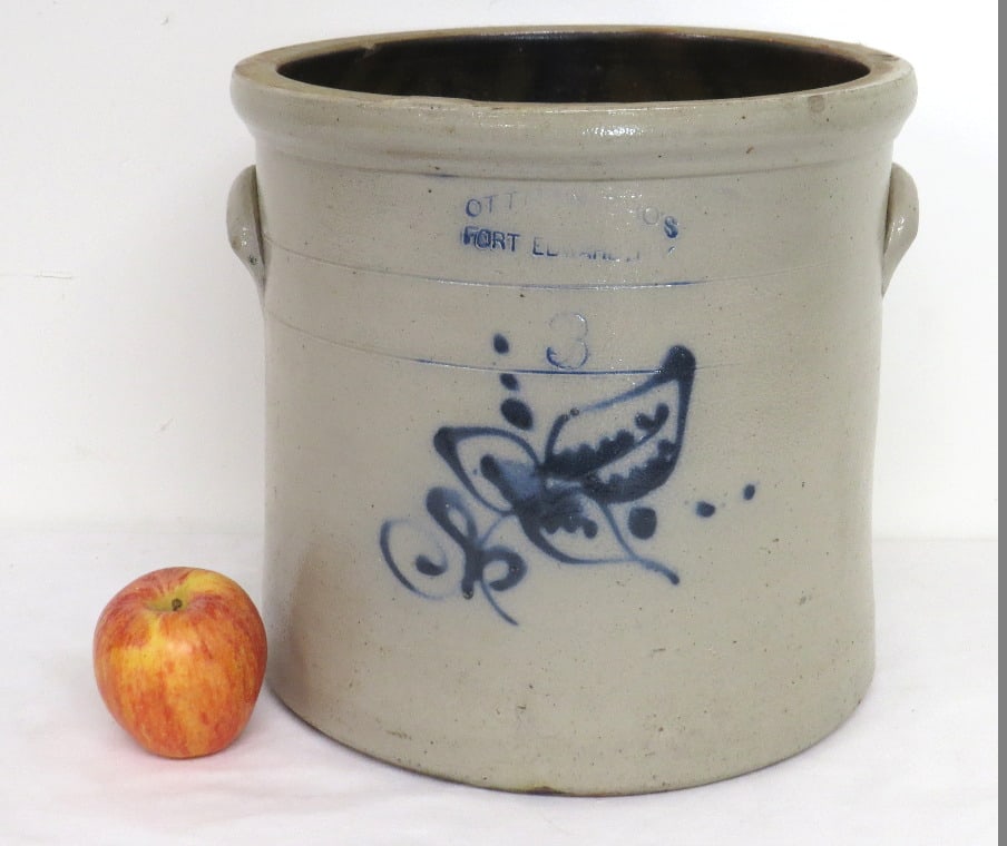 3 Gal Floral Decor Crock - Ottman Bros. Fort Edward, NY: Nice 3 gallon floral decoration salt glazed crock by Ottman Bros. / Ft. Edward, N.Y. Clean overall, faint exterior surface line that does not come thru to inside, chocolate Albany slip interior. 10.5"