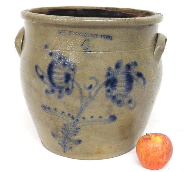 Nathan White, Binghampton NY. 4 Gal Double Flower Ovoid: Beautiful and big 4 gallon ovoid Nathan White, Binghampton N.Y. with Double Floral decoration, ovoid form.