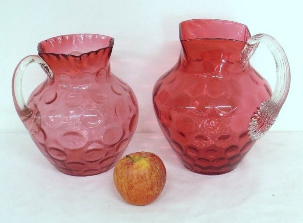Pr. Victorian Thumbprint Cranberry Glass Pitchers (1 of 7)