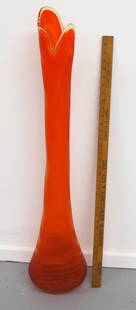 Mid-Century LE Smith Orange Cream Sickle Swung Glass Floor Vase: Exceptionally tall at 40", Mid-century styled Orange Creamesickle colored swung vase, superior colors, possibly LE Smith Bittersweet pattern, no damage