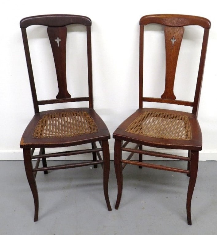 Matching Pr. Arts & Crafts Era Oak Chairs Caned Seats (1 of 5)