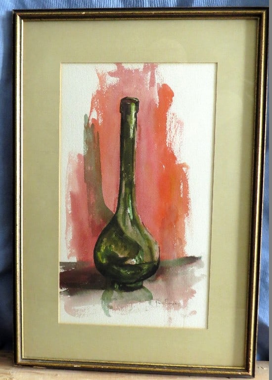 H. E. Tompkins (1912-2007), Poughkeepsie NY WC: Vintage Mid Century 1960's era watercolor simply titled - A Green Bottle - by listed Poughkeepsie, NY artist H. Edna T. Tompkins. Frame measures 17.5" x 25.75", W/C measures 10.75" X 18.5" In matting.