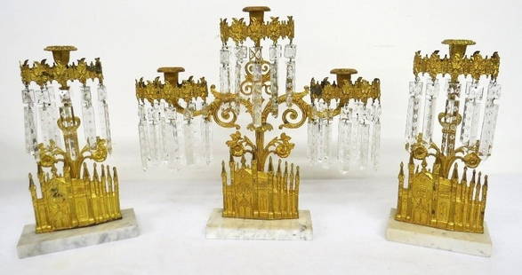 19th C. Girandole Cathedrals William F. Shaw Boston: A beautiful set of Girandole's by noted Boston maker William F. Shaw, active c.1850-1900 era. Classic cathedral's w/hanging flat glass prism's possibly Boston & Sandwich made (some have minor chips/ni