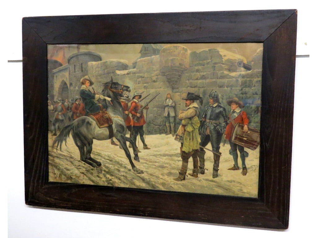 R. Caton Woodville, Spanish Conquistadors At Fort c.1900: R. Caton Woodville, English military print of Spanish Conquistadors in a confrontation outside the gates of the fort, dated 1900. One of Britain's most well recognized militaria artists of the Victori
